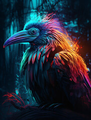 Fototapeta premium A colorful neon bird sitting on top of a tree branch Generative Ai