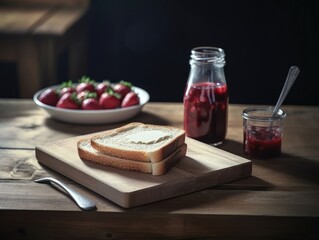 Toast with strawberry jam for breakfast on wooden table. Generative AI