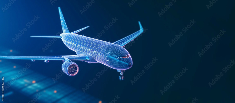 Poster abstract background with digital grid airplane and blurred lines. big data. wireframe 3d plane engin