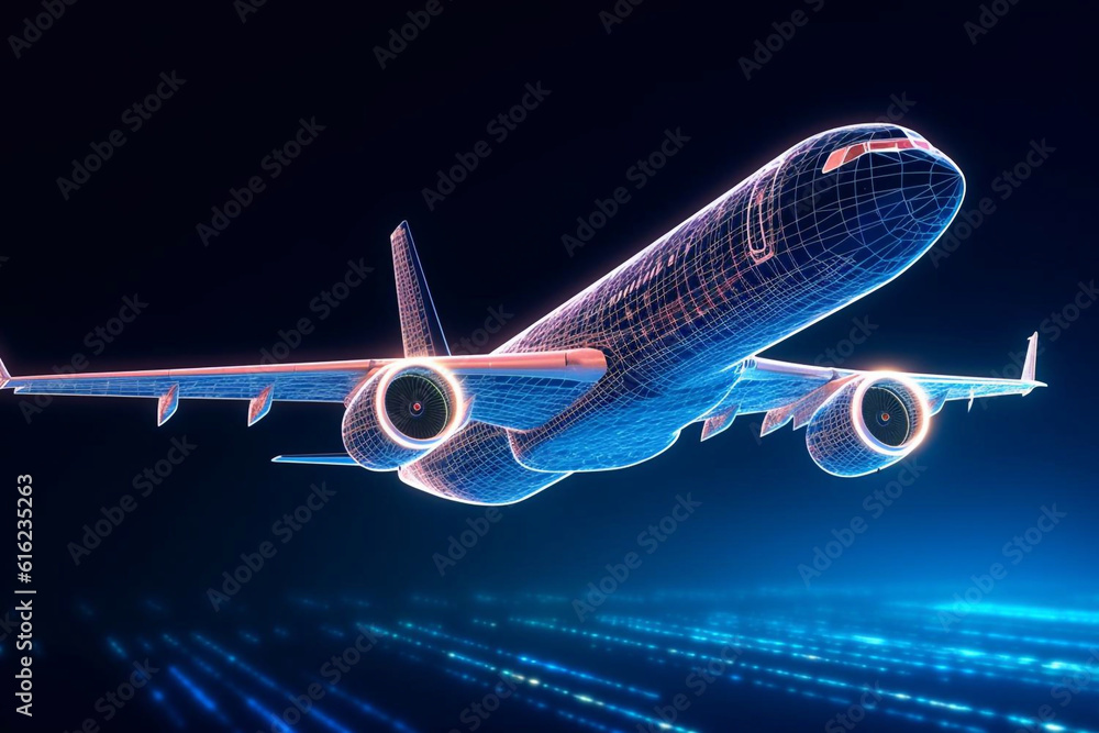 Poster abstract background with digital grid airplane and blurred lines. big data. wireframe 3d plane engin