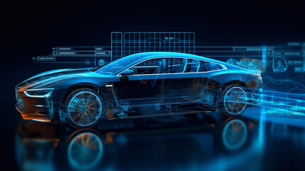 Fototapeta premium Electronic vehicle charging station control stop refuel point, hand pressing starting charge energy button, electric power EV car futuristic eco environmental friendly energy, blue Generative AI