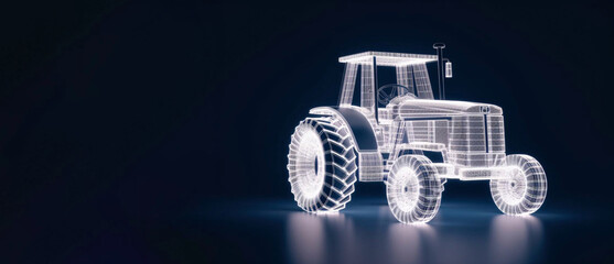 Naklejka premium Wireframe of a large tractor made of blue lines with glowing lights isolated on a dark background. Perspective view. Generative AI