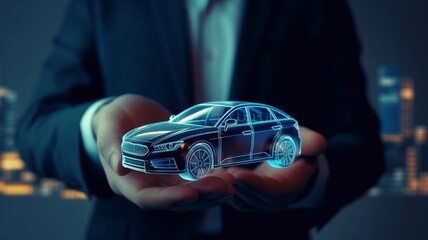 Modern smart car on male hand. Transportation. Technology Generative AI