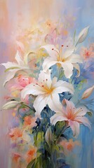 Watercolor background with lilies in impressionist style. ai generative art.