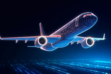 Abstract background with digital grid airplane and blurred lines. Big data. Wireframe 3d plane engineering concept with lens effects. Travel, tourism, transport. Generative AI