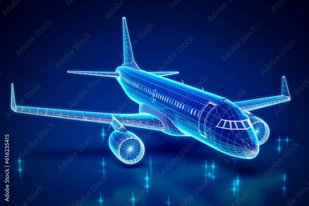 Poster abstract background with digital grid airplane and blurred lines. big data. wireframe 3d plane engin