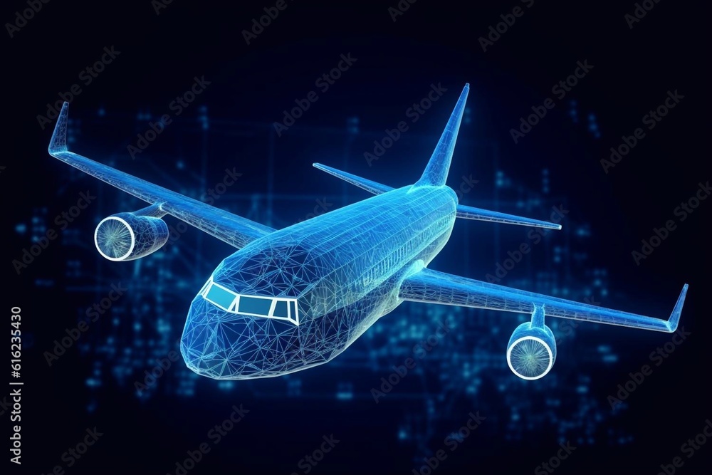 Poster abstract background with digital grid airplane and blurred lines. big data. wireframe 3d plane engin