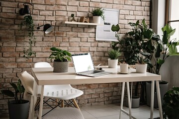 Fototapeta na wymiar Modern home workspace with laptop, houseplants, and a background of white bricks. Generative AI
