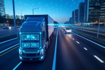 Obraz na płótnie Canvas European truck vehicle on motorway with dramatic sunset light. Cargo transportation and supply theme. Generative AI