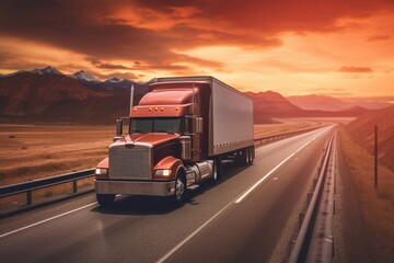 Obraz na płótnie Canvas European truck vehicle on motorway with dramatic sunset light. Cargo transportation and supply theme. Generative AI