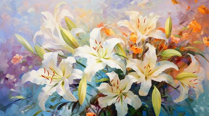 Obraz na płótnie Canvas Watercolor background with lilies in impressionist style. ai generative art.