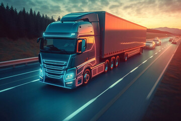 European truck vehicle on motorway with dramatic sunset light. Cargo transportation and supply theme. Generative AI