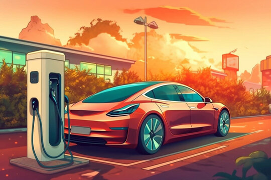 Power cable pump plug in charging power to electric vehicle EV car with modern technology UI control information display, car fueling station connected power cable alternative Generative AI