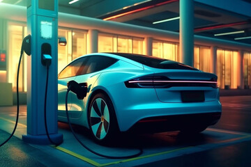 Fototapeta na wymiar Power cable pump plug in charging power to electric vehicle EV car with modern technology UI control information display, car fueling station connected power cable alternative Generative AI