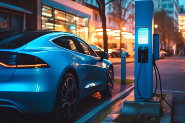 Power cable pump plug in charging power to electric vehicle EV car with modern technology UI control information display, car fueling station connected power cable alternative Generative AI