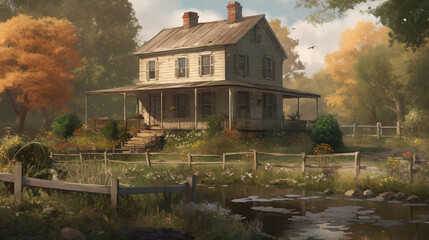 Obraz premium A house with a pond in front of it Generative Ai