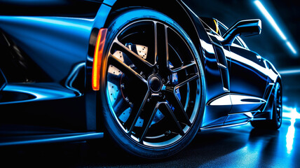 Speeding Sports Car On Neon Highway. Powerful acceleration of a supercar on a night track with colorful lights and trails. 3d render Generative AI