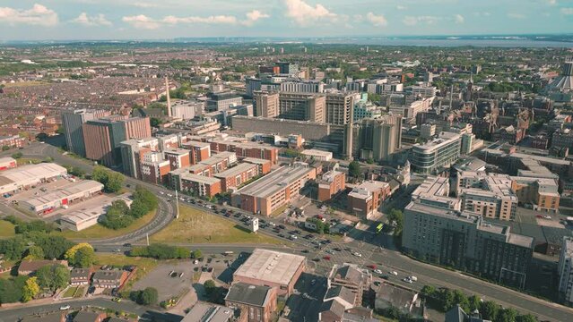 Aerial drone shot of buildings in the city of Liverpool, England