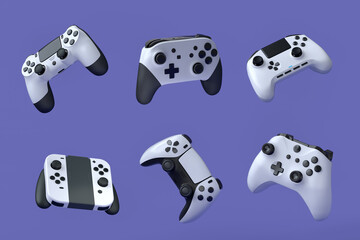 Set of flying gamer joysticks or gamepads on violet background