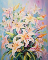 Watercolor background with lilies in impressionist style. ai generative art.