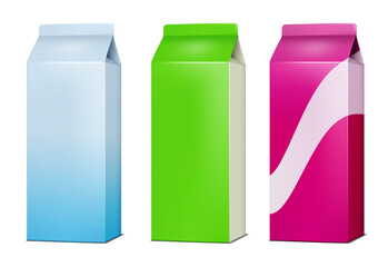 Blank tall gable top carton realistic mockup. Paperboard box for milk, juice or other food product mock-up. Color set. Easy editable vector illustration