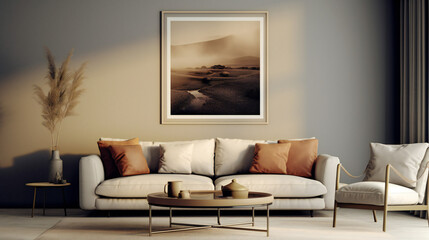 Stylish Living Room Interior with Mockup Frame Poster, Modern interior design, 3D render, 3D illustration
