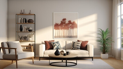 Stylish Living Room Interior with Mockup Frame Poster, Modern interior design, 3D render, 3D illustration