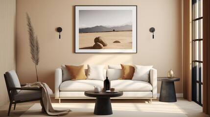 Stylish Living Room Interior with Mockup Frame Poster, Modern interior design, 3D render, 3D illustration