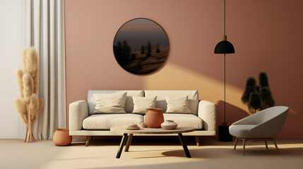 Stylish Living Room Interior with Mockup Frame Poster, Modern interior design, 3D render, 3D illustration