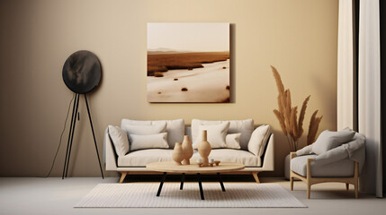 Stylish Living Room Interior with Mockup Frame Poster, Modern interior design, 3D render, 3D illustration