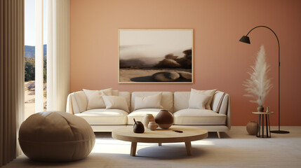 Stylish Living Room Interior with Mockup Frame Poster, Modern interior design, 3D render, 3D illustration