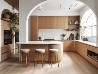 Contemporary wooden dining room and kitchen. Generative AI