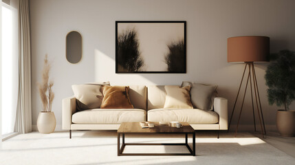 Stylish Living Room Interior with Mockup Frame Poster, Modern interior design, 3D render, 3D illustration