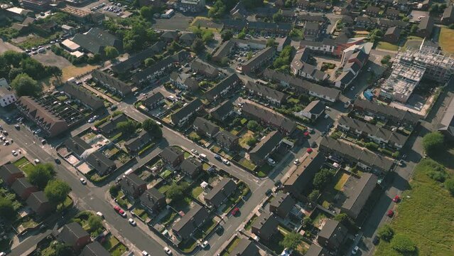 Aerial drone shot of suburban neighbourhood in Anfield, Liverpool, England
