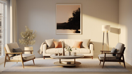Stylish Living Room Interior with Mockup Frame Poster, Modern interior design, 3D render, 3D illustration