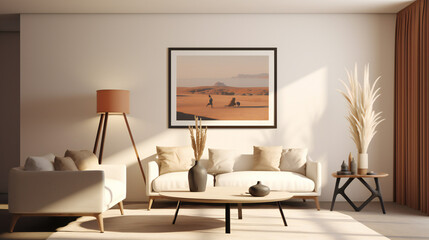 Stylish Living Room Interior with Mockup Frame Poster, Modern interior design, 3D render, 3D illustration