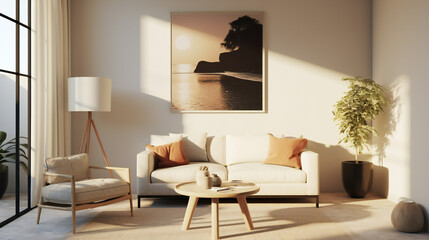 Stylish Living Room Interior with Mockup Frame Poster, Modern interior design, 3D render, 3D illustration