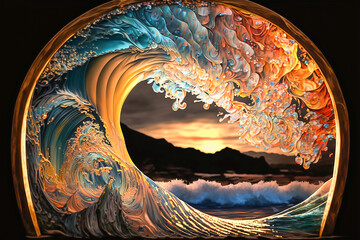 sunset sky and the big waves. The horizon of the sunset sky, adorned with mighty waves that envelop it. Magnificent ocean waves. Realistic illustrations.  Generative AI