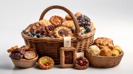 Dive into the world of exquisite gifting with this captivating still life of a gift basket against a pure white background!