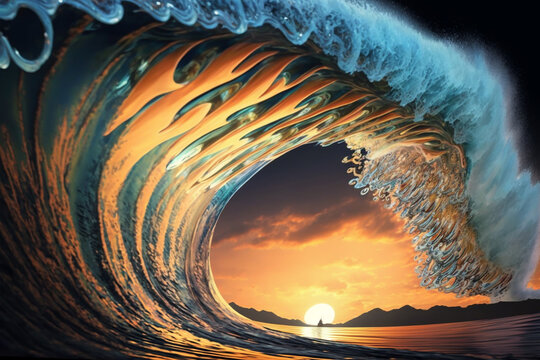 sunset sky and the big waves. The horizon of the sunset sky, adorned with grand waves. Enchanting ocean waves. Illustrations that showcase photorealism.  Generative AI