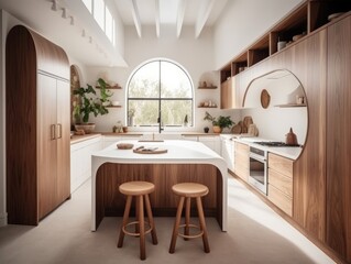 Contemporary wooden dining room and kitchen. Generative AI