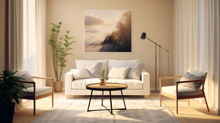 Fototapeta premium Stylish Living Room Interior with Mockup Frame Poster, Modern interior design, 3D render, 3D illustration