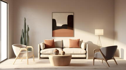 Stylish Living Room Interior with Mockup Frame Poster, Modern interior design, 3D render, 3D illustration