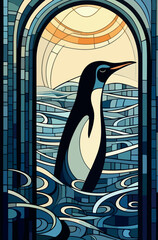 Striking Art Deco-inspired artwork portraying a penguin gracefully perched on the polar ice cap in Antarctica, surrounded by a serene ocean and frozen landscapes.