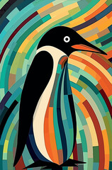 Eye-catching Art Deco-themed poster featuring a silhouette of a penguin against the backdrop of the polar ice cap in Antarctica, complemented by vibrant colors.