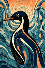 Vibrant and captivating hand-painted Art Deco poster showcasing a penguin standing on the icy terrain of the polar ice cap in Antarctica.