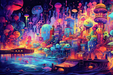 Fantasy cartoon illustration with creatures from another world. Beautiful colors