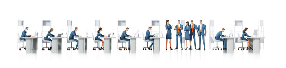 Business people working, wide banner. Team of  business people working hard. 3D rendering illustration