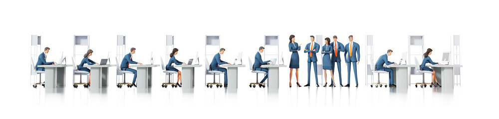 Obraz premium Business people working, wide banner. Team of business people working hard. 3D rendering illustration