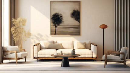 Stylish Living Room Interior with Mockup Frame Poster, Modern interior design, 3D render, 3D illustration